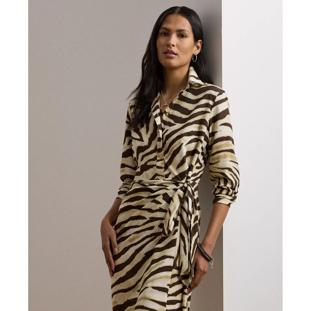 Lauren Ralph Lauren Women's Zebra-Print Tie-Front Crepe Shirtdress Cream Brown 2 - Picture 2 of 14